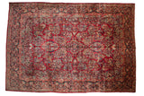 Vintage hand knotted Sarouk carpet, cherry red allover floral spray, slate blue borders.