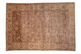 Distressed vintage Malayer carpet, sprawling floral vines, muted browns, pale gold and silver, 7' x 10'1