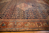 Mahal carpet border detail with expressive scrolled vines, intricate blossoms on madder red ground.