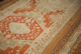 Stepped terracotta medallions and time-softened beige field of a vintage distressed Malayer runner.