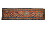 Antique Heriz runner with alternating geometric medallions in madder red, sapphire blue, and jade green.