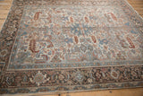 Vintage distressed Heriz border with Turtle Samovar design, ivory, denim blue, chestnut rust.