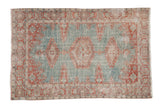 Distressed vintage Persian Veece rug with a triple medallion in soft powder blue and faded cherry red.