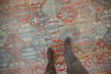 A detailed view of a vintage Bakhtiari rug's time-softened texture and paneled design in red and blue.