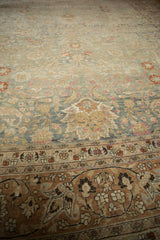 Distressed texture and intricate floral pattern on dusty powder blue field and terracotta border.