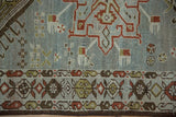 Low, even pile on a distressed Karaja runner showing the geometric boteh border design.