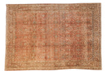 Vintage distressed Bijar carpet with an allover pattern of interconnected vines in dusty blush, slate blue, and sand.