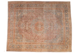 Distressed vintage Persian Meshed carpet, faded raspberry and sky blue central medallion, 10'9