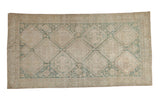 Distressed vintage Hamadan runner, lattice diamond pattern, faded teal and ivory. 5'1