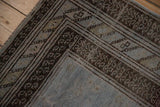 Folded corner of a distressed Belouch rug revealing its pale blue foundation and dark brown border.
