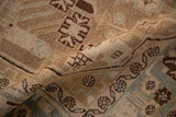 Distressed Hamadan rug pile texture with sand, beige, slate blue geometric vines and blossoms.