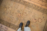 Pictorial details of rose bouquets and lions on a distressed antique rug's sandy field.