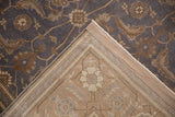 Distressed dusty blue Sivas rug pile, coffee brown Herati pattern, and striped foundation.