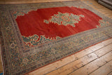 Angled view of a Mahal carpet where corner spandrels mirror the intricate central medallion.