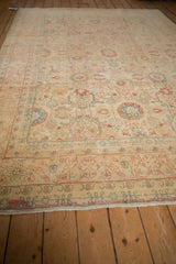 Low-angle view of a distressed Tabriz carpet highlighting its evenly worn, low-pile texture.