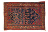 Vintage Persian Malayer rug with a navy blue Herati field, red spandrels, and intricate borders.