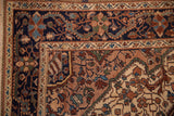 Close-up of scrolled floral vines on the navy blue border of a vintage Persian Malayer rug.