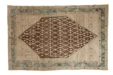 Distressed antique Hamadan rug with chocolate brown lattice diamond on abrashed ivory, dusty blue border.