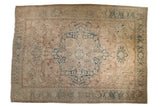 Vintage distressed Ahar carpet with ivory field, dusty teal medallion and scrolled florals, 9'9