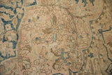 Vintage Distressed Ahar carpet with pale rose field and time-softened dusty teal, brown arabesque vines.