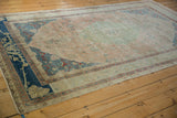 Worn pile of a distressed Sivas carpet, showing pale rose, jade green, and dusty denim blue.