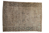 Vintage distressed Heriz carpet with a geometric design in soft beige, charcoal, and slate blue.
