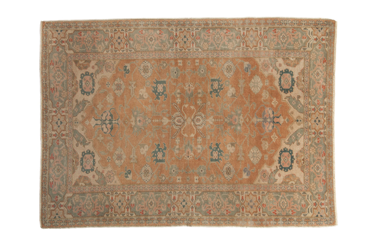 Designer vintage distressed Kayseri rug with floral arabesques in terra cotta, dusty jade green, and antique ivory, 3'11" x 5'7".