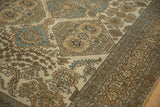 Evenly worn pile of a vintage Ardebil carpet with sand and sky blue floral guls.