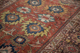 Intricate border detail of the antique Mahal carpet, showing traditional motifs and soft patina.