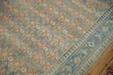 Vintage Hamadan rug: sand and blue lattice, germinating plants, abrashes, and pawn border.
