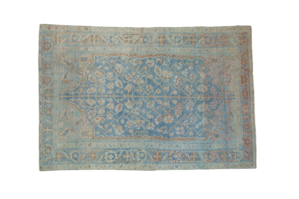 Distressed vintage Afshar rug with faded sky blue Tree of Life, palmettes, and geometric vines, 5' x 7'4".