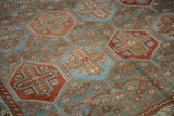 Quatrefoil plant motifs within hexagonal panels on a distressed Baktiari rug in red and blue.