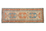 Antique Persian Serab runner with three interconnected medallions and animal motifs in sky blue, madder red, and beige.