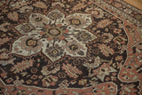 Textured low pile of a vintage Hamadan rug with worn charcoal brown and dusty copper rose palmettes.