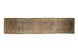Vintage Serbend rug runner with alternating rows of botehs in distressed sapphire blue, rose, and ivory.