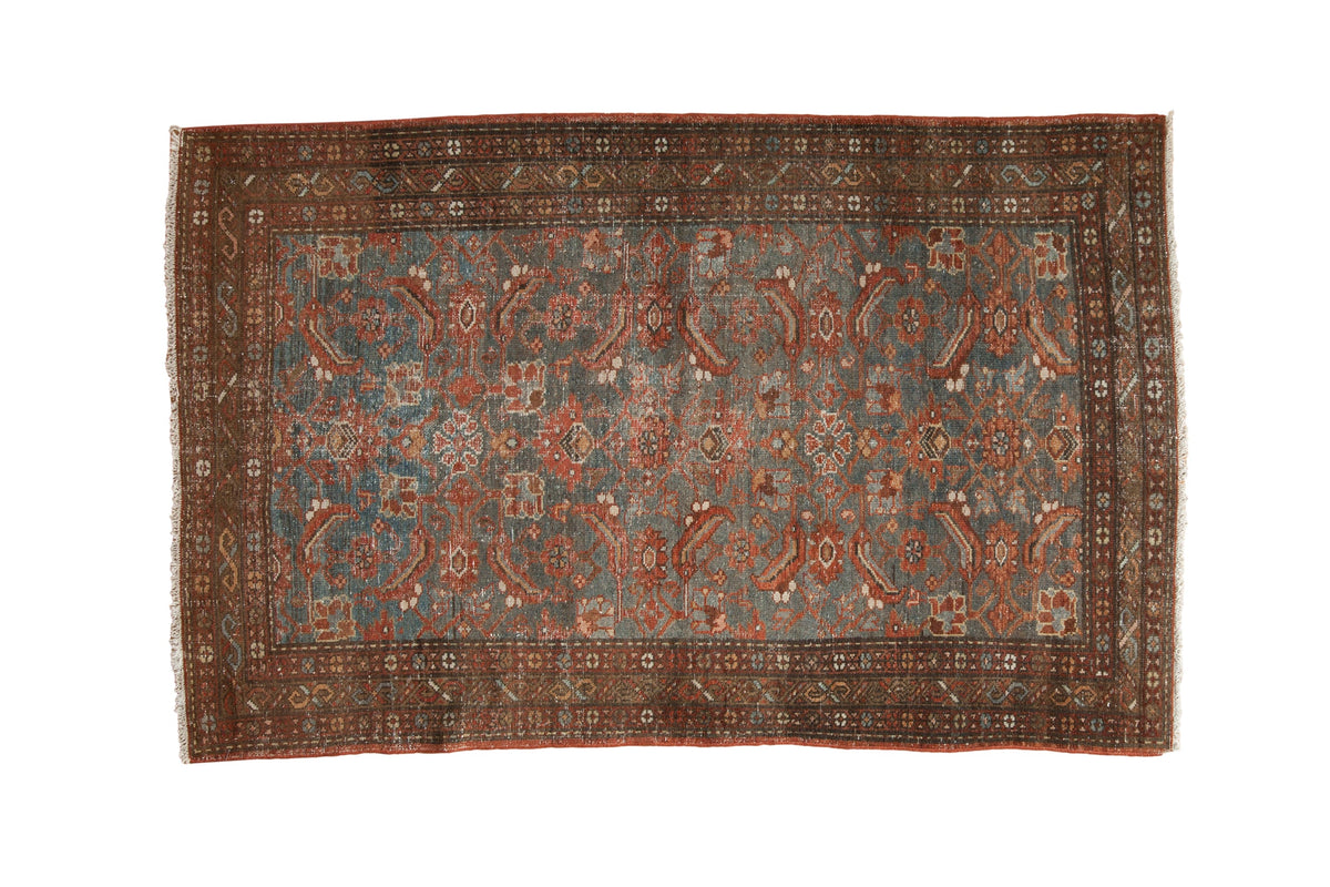 Distressed vintage Malayer rug, hand-knotted, with faded teal, red Herati design, 4'1" x 6'5".