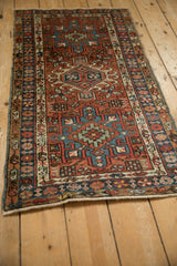 Vintage Karaja runner corner, geometric pin wheels, boteh border, brick red, sky blue.