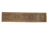 Vintage distressed Hamadan runner with an allover Herati pattern in charcoal, rust, and silver.