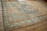 Side angle showing the barber pole and meandering floral borders of the vintage Baktiari carpet.