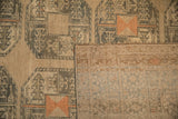 The hand-knotted reverse weave and low-pile face of a vintage distressed Ersari carpet.