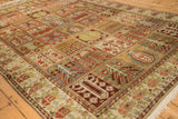 A low-angle view showing the distressed texture and paneled garden design of a vintage Bakhtiari carpet.