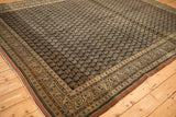 Antique Tabriz rug corner, intricate checkered vine and pawn motif borders, rust selvage.