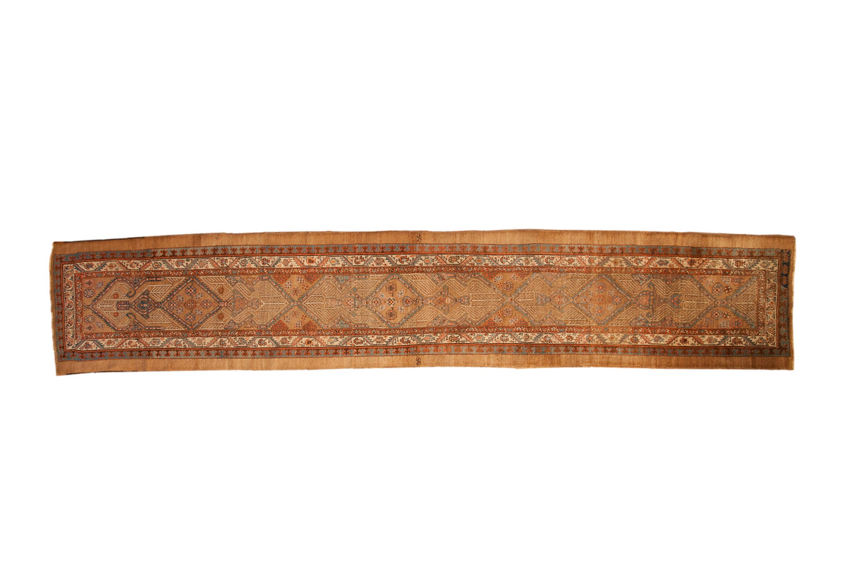 Antique Camel Hair Serab runner with repeating triple medallions and a serrated leaf border on a camel field.