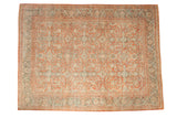 Vintage Distressed Mahal carpet, faded pale brick red, dusty teal allover floral design, 10'3