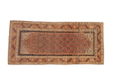 Antique Malayer runner with repeating serrated leaf and boteh motifs in dusty blush, navy blue, and ivory.