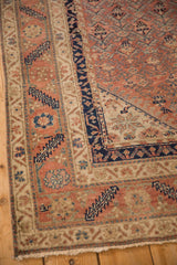 Angled corner view showing the serrated leaf border and navy accents of a fine antique Malayer rug.