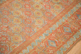 Detail of the geometric blossom and scrolled vine border on a vintage Belouch rug runner.