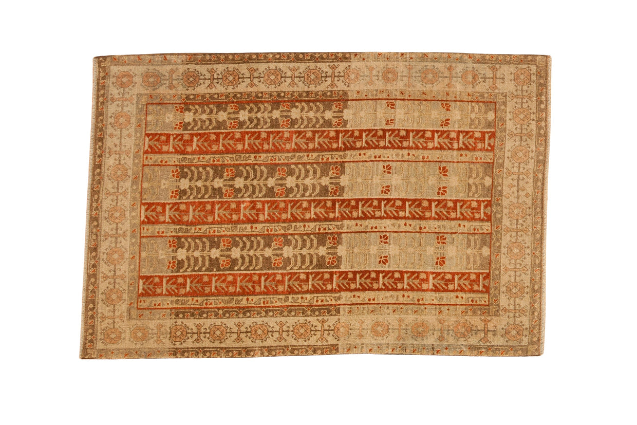 Distressed Persian Bijar rug with agricultural panels in pomegranate red, coffee brown, and ivory.