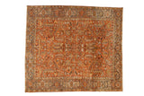 Vintage distressed Mehrivan square carpet with an allover geometric design in rust, dusty teal, and gold.