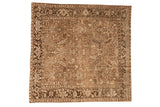 Vintage distressed Heriz square carpet with an allover geometric design in beige, chocolate brown, and powder blue.